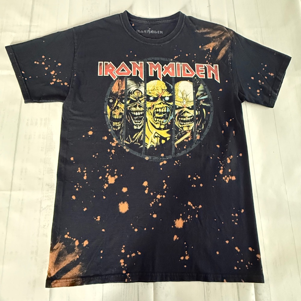 Iron Maiden Eddie Graphic T-Shirt Mens Medium Bleach Splatter Custom Black Tee